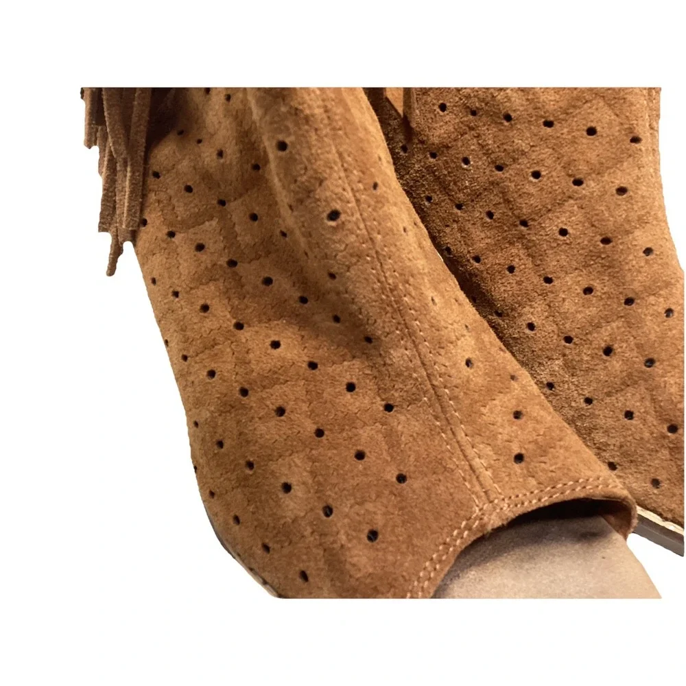 TOMS Majorca Cinnamon Brown Open Peep Toe Fringe Booties 3